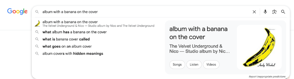 Google search result displaying album information using structured data and rich results.