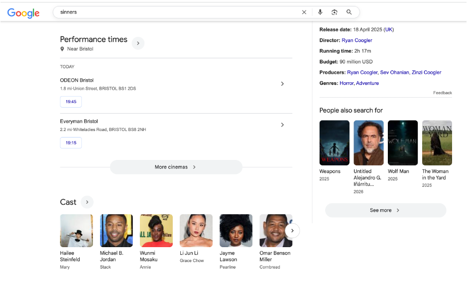 Example of cinema times displayed in Google search results using structured data.