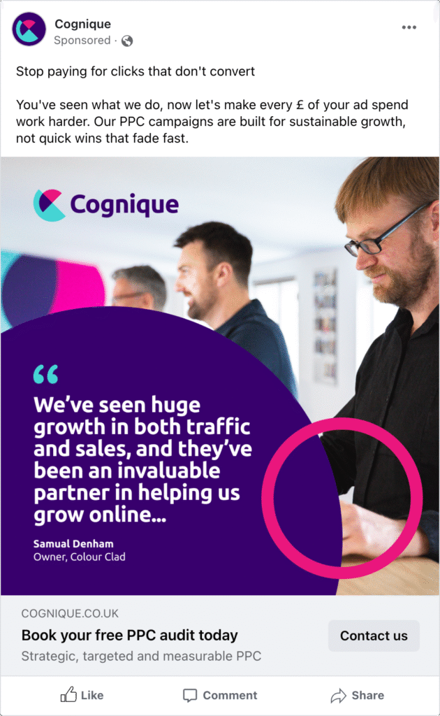 A clean, modern digital marketing visual showing PPC growth charts and ad performance metrics, representing Cognique’s strategic approach to PPC management.